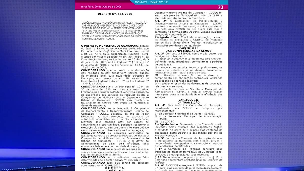 Cena da reportagem sobre o decreto da coleta de lixo