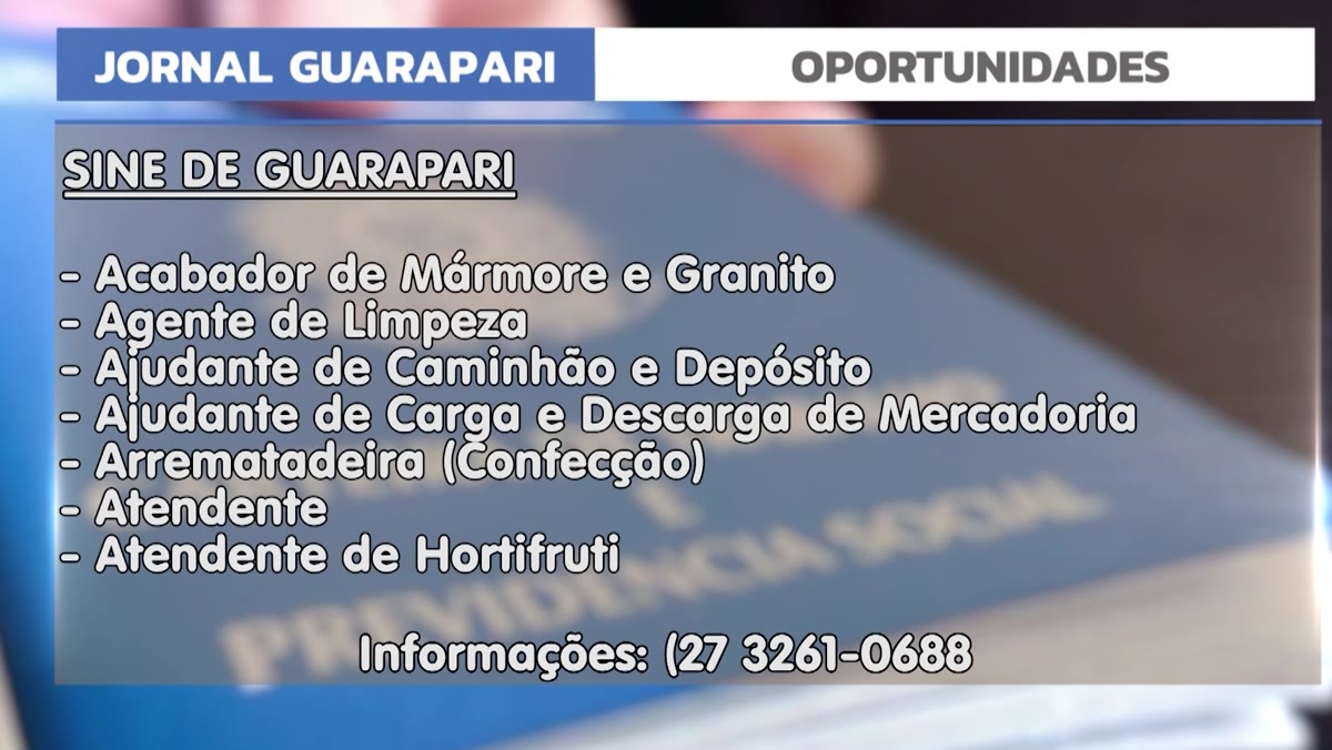Tela com a lista de vagas do Sine de Guarapari e o telefone para informações