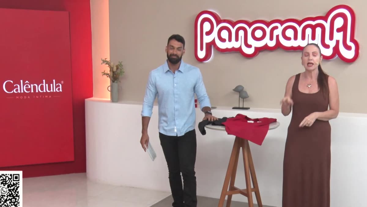 Apresentadores do Panorama com peças da Calêndula Moda Íntima no estúdio